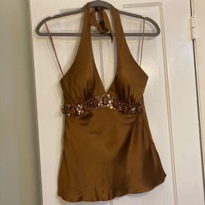 Y2K Brown Silk Halter Tank Top- Beaded, Vintage